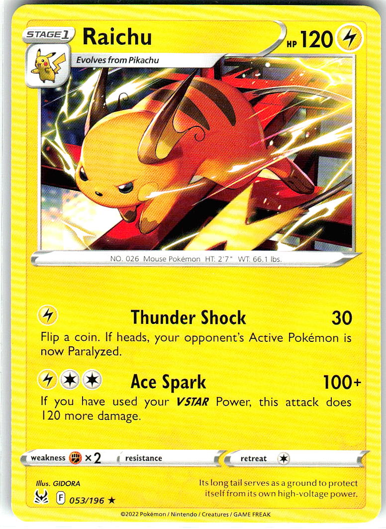 Raichu 053/196 Rare Lost Origin Pokemon Near Mint