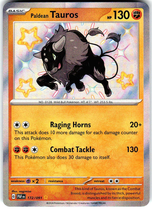 Paldean Tauros 172/091 Shiny Rare Paldean Fates Pokemon Holo Near Mint