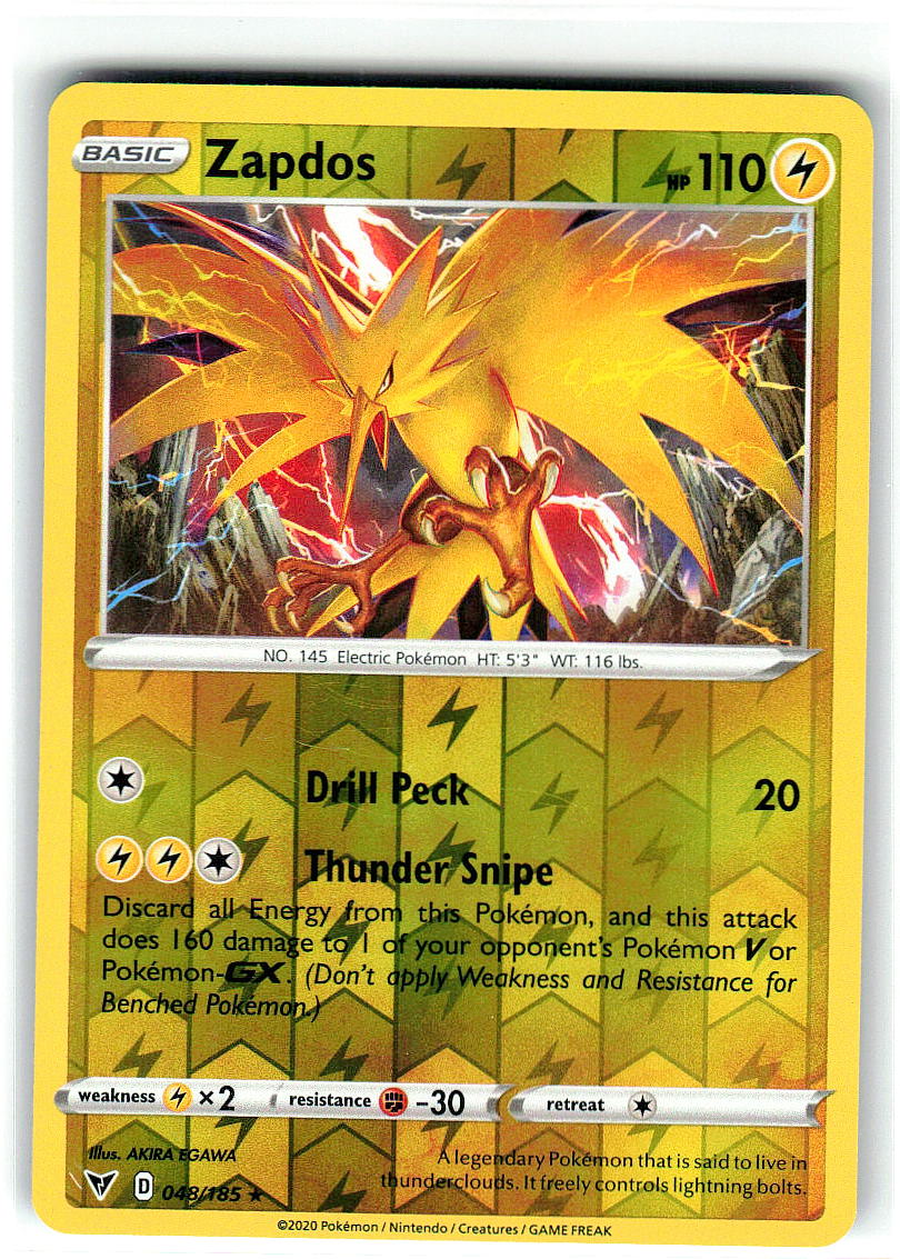 Zapdos 048/185 Rare Vivid Voltage Pokemon Reverse Holo Near Mint