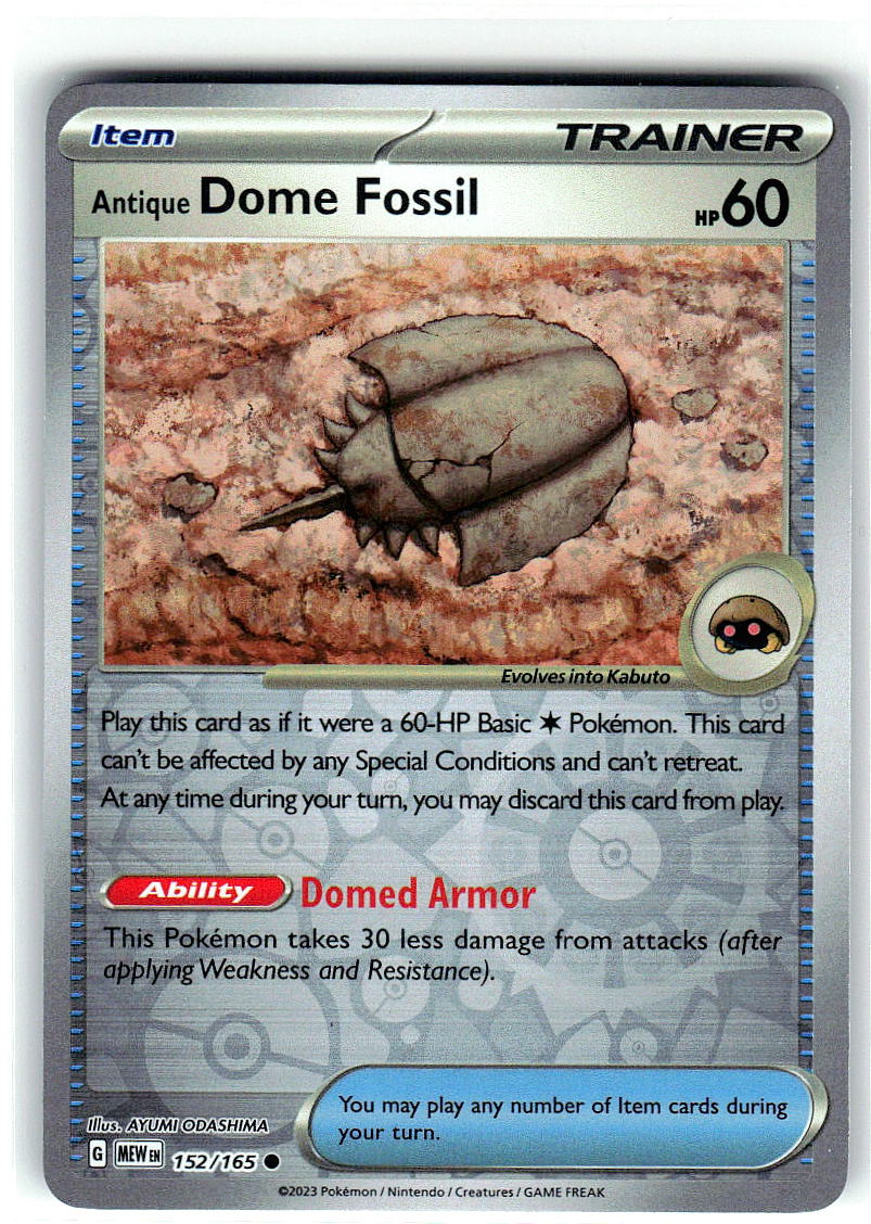 Antique Dome Fossil 152/165 Common 151 Pokemon Reverse Holo Near Mint