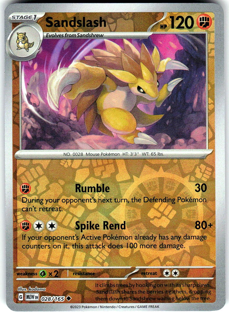 Sandslash 028/165 Uncommon 151 Pokemon Reverse Holo Lightly Played