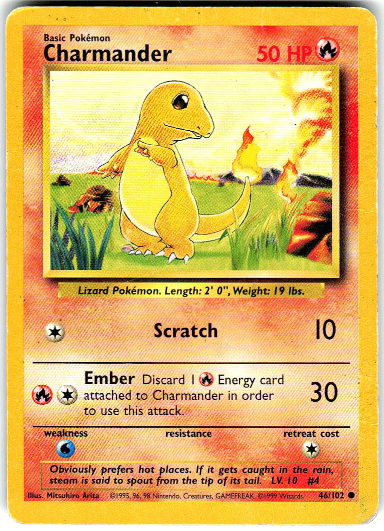 Charmander 46/102 Common Base Set Unlimited Pokemon Damaged