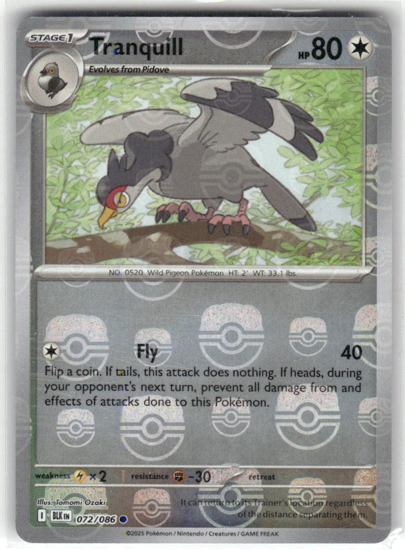 Tranquill (Master Ball Pattern) 072/086 Common Black Bolt Pokemon Holo Near Mint