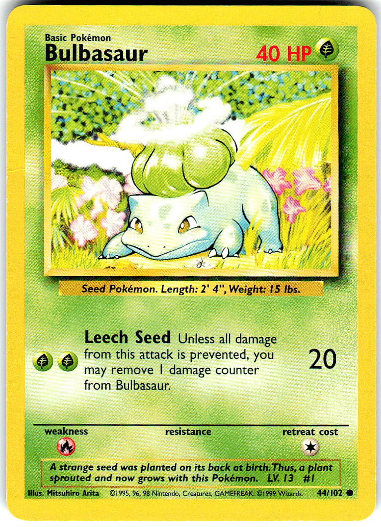 Bulbasaur 44/102 Common Base Set Unlimited Pokemon Moderately Played