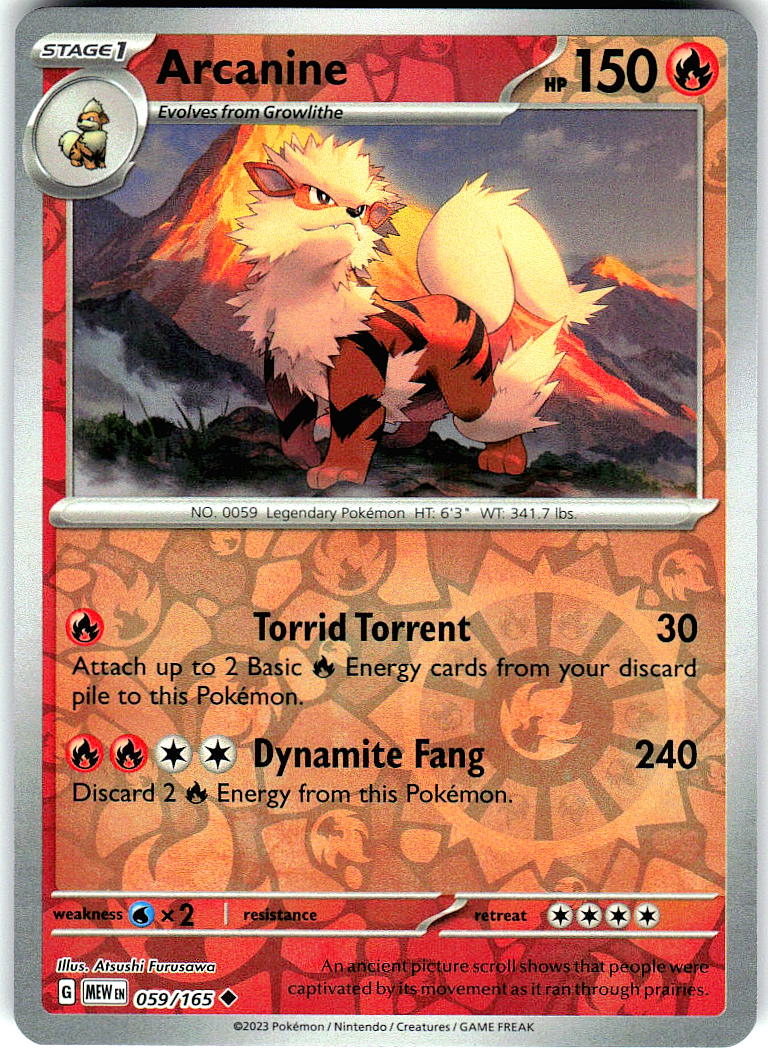 Arcanine 059/165 Uncommon 151 Pokemon Reverse Holo Near Mint