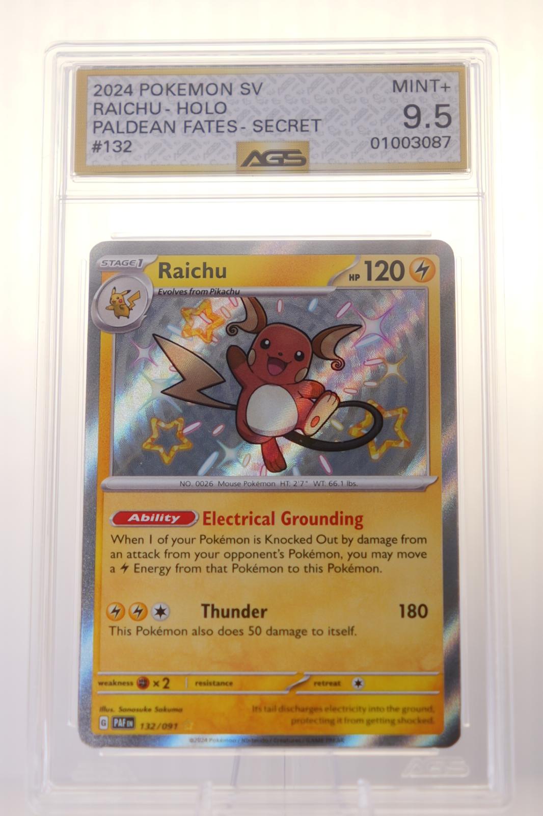 AGS 9.5 - Raichu 132/091 Shiny Rare Paldean Fates Pokemon Holo