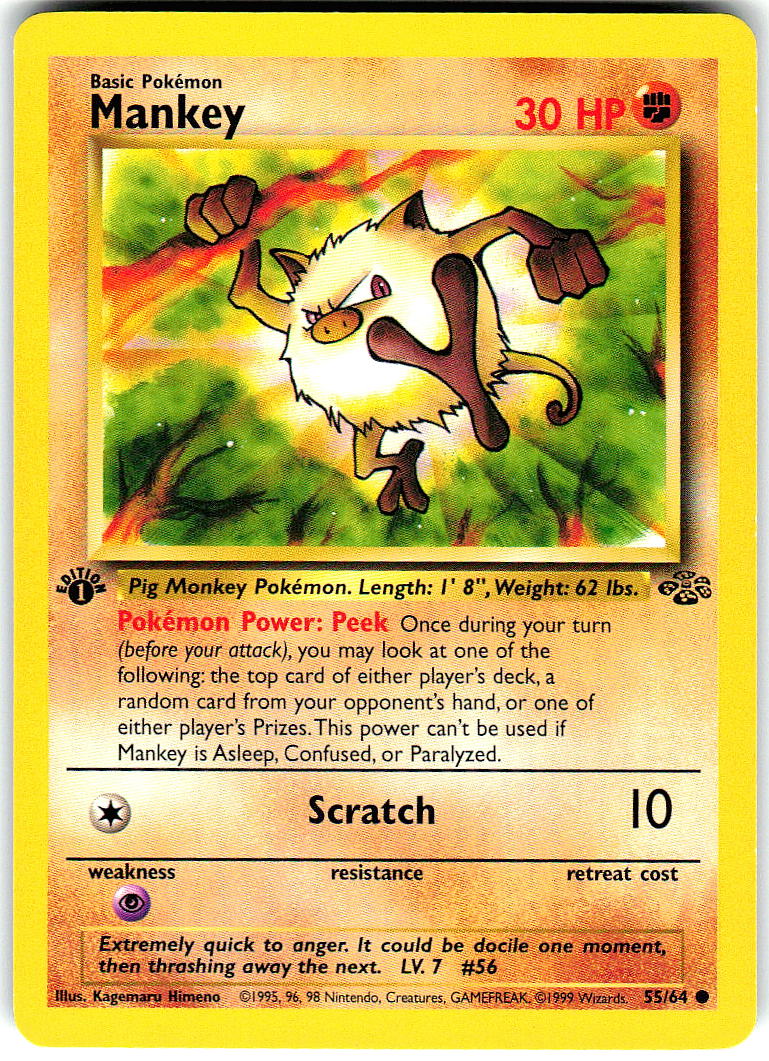Mankey 55/64 Common Jungle Pokemon Unlimited Moderately Played